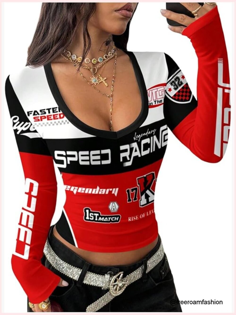 Y2K Long Sleeve Cropped Racing Jersey Shirt Fitted Motorcycle Graphic Tee